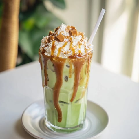 A creamy Caramel Brulée Iced Matcha Christmas Coffee Dupe, layered with matcha and espresso, topped with whipped cream.
