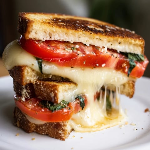 Air Fryer Pizza Margherita Grilled Cheese, golden and crispy, showcases melted mozzarella and ripe tomatoes.