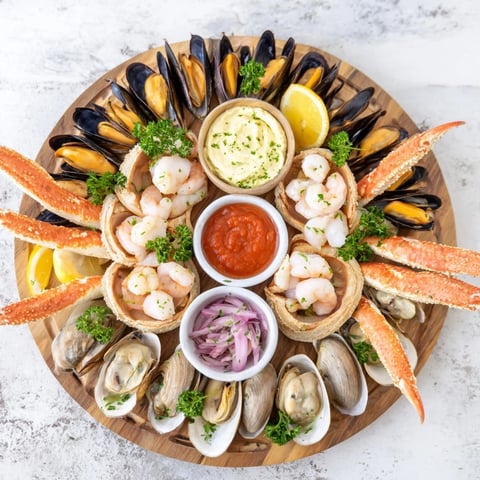 Beautifully arranged Starfish & Shell Appetizer Board, brimming with chilled seafood and dipping sauces for guests.