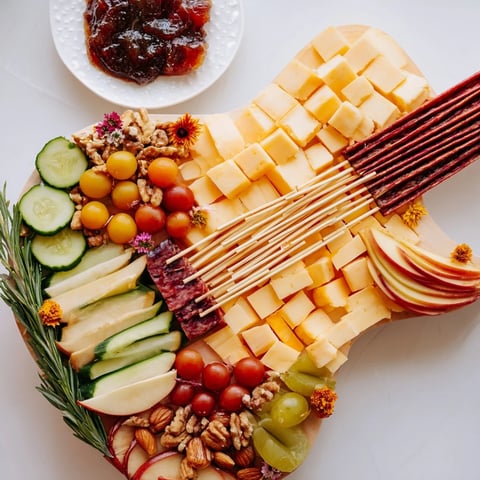 Rock Star Guitar Platter featuring a colorful array of cheeses, meats, and snacks, ready to serve.