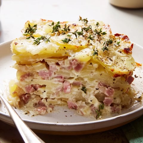 Golden, bubbling Plateaux Moufle Chaud et Confortable with tender potato layers, rich cheese, and savory ham.
