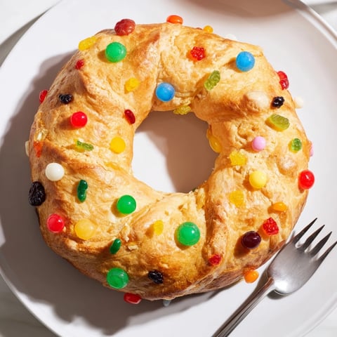 Fragrant Couronne de Roi Bijoux Sucrés, a golden-baked bread ring studded with jewel-toned candied fruits.