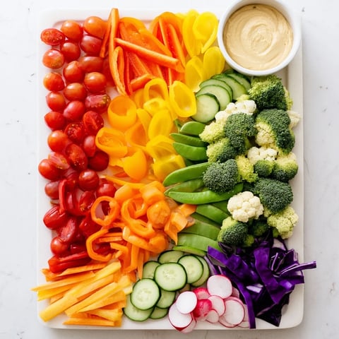 Colorful Vegetable Rainbow Board arranged beautifully with vibrant, fresh veggies, a healthy appetizer.