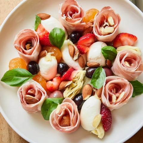 Beautiful Prosciutto Rose Bouquet Board with delicate cured meats and vibrant fruits, a gourmet appetizer.