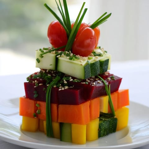 Vibrant stacked gift box veggie cubes, a festive appetizer with colorful bell peppers and cucumber.