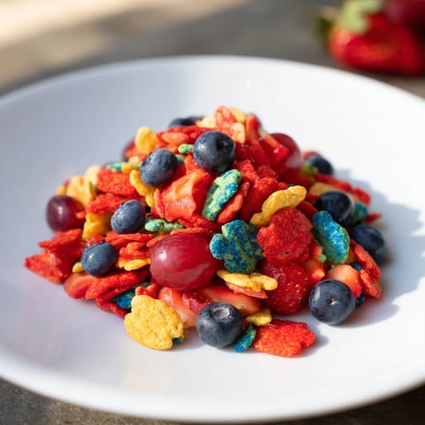 Delectable rainbow Goldfish crackers nestled amongst fresh colorful fruit—a vibrant, healthy snack platter.