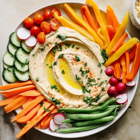 The vibrant River Delta Flow appetizer boasts colorful vegetables arranged around creamy hummus "river."