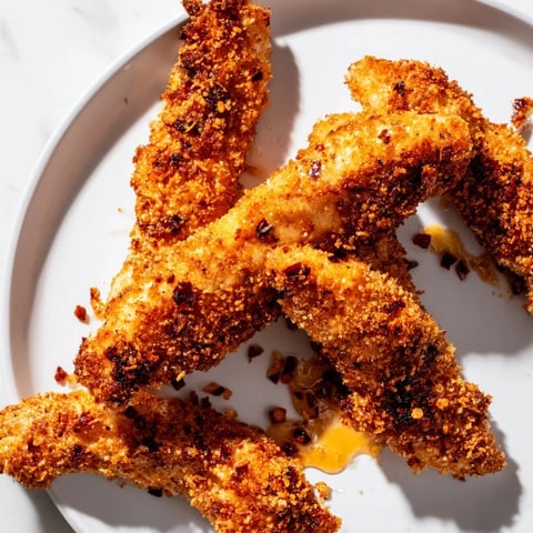 Golden crispy panko chicken tenders, drizzled with fiery hot honey, sit ready to be enjoyed.