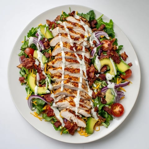 Crispy Bacon Chicken Salad with juicy chicken, crunchy bacon, and fresh mixed greens, drizzled with creamy ranch.