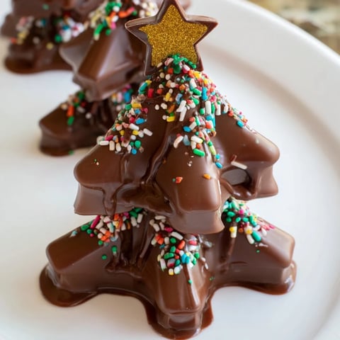 Whimsical Chocolate Kinder Christmas Trees, drizzled with glossy chocolate and sprinkled with festive glitter.