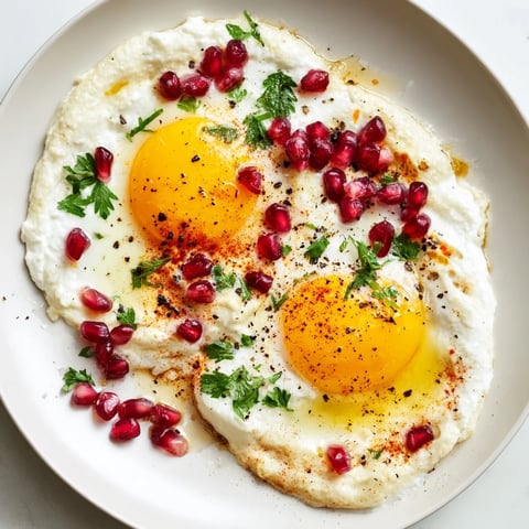 Çılbır with sumac and pomegranate, a colorful Turkish breakfast with runny poached eggs.