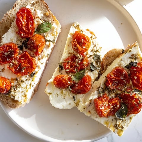 Golden baked feta toast with bubbling feta, juicy tomatoes, and fresh basil garnish.