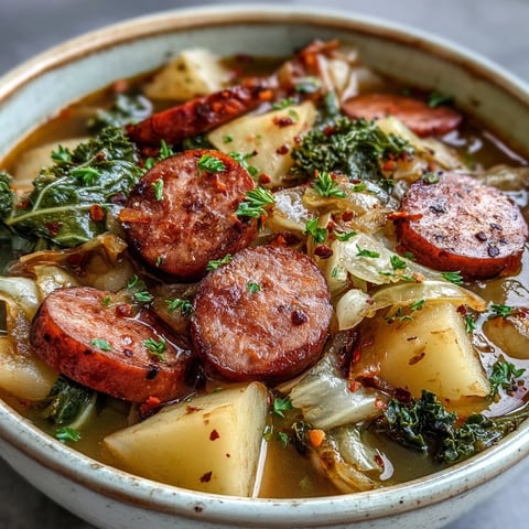 Steaming bowl of Sausage, Potato and Cabbage Soup topped with fresh parsley.