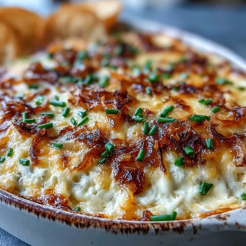 A close-up of the baked Smoked Gouda & Onion Dip, golden-brown and bubbling from the oven, with fresh chives scattered on top.  