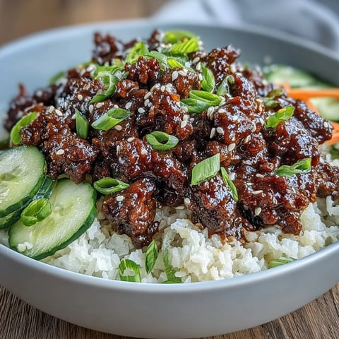 Garnished Easy Korean Beef Bowl with sliced cucumbers, carrots, and sesame seeds over fluffy white rice.