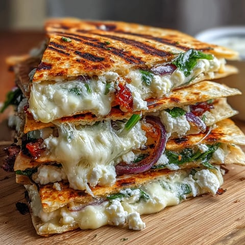 Golden-brown Mediterranean Quesadillas with Spinach, Feta, Mozzarella, and Red Onion served warm.