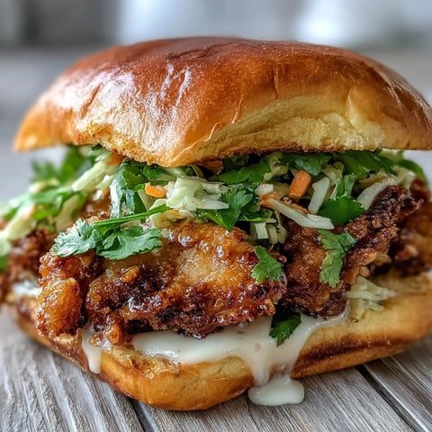 Golden Thai Fried Chicken Sandwich on a toasted brioche bun with spicy mayo drizzle.