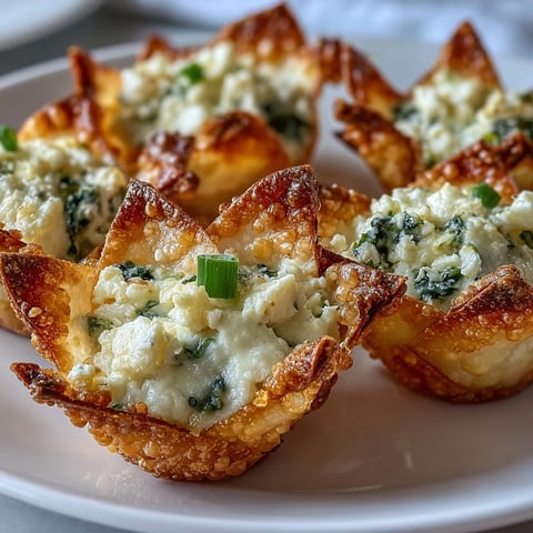 Golden-baked Crispy Spinach Feta Wonton Cups reveal melty green filling on a white platter.