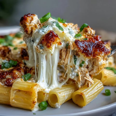 Golden, bubbly cheddar and mozzarella top the creamy Buffalo Ranch Chicken Pasta Bake, with melted cheese pulling from a hearty spoonful served alongside fresh green onions.