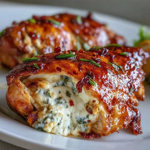 Golden-brown Hot Honey Ricotta Stuffed Chicken breasts rest on a plate, drizzled with sweet-spicy glaze and garnished with fresh herbs.