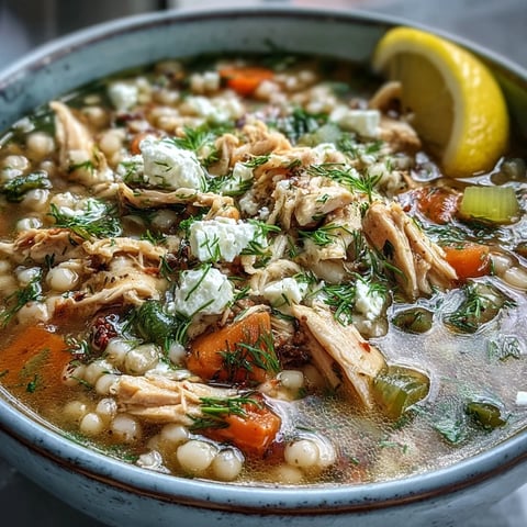 Freshly cooked Greek Chicken & Pearl Couscous Soup steaming in a white bowl, topped with crumbled feta, dill, and lemon wedges.