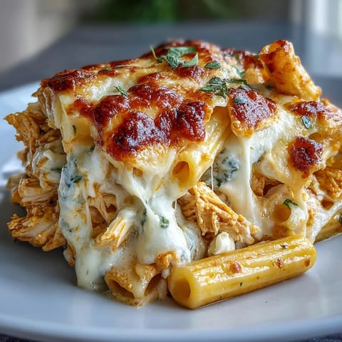 Golden Creamy Buffalo Ranch Chicken Pasta Bake bubbling in a ceramic dish with a golden, cheesy top and specks of green onion garnish.