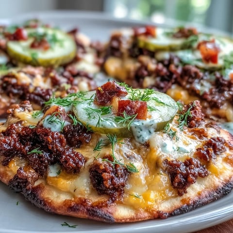 Cheeseburger Garlic Naan Pizzas fresh from the oven with melted cheese sauce bubbling over savory beef.