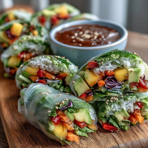 Vegan Mango Avocado Spring Rolls stacked on a white platter with fresh herbs and a small bowl of sweet chili sauce.