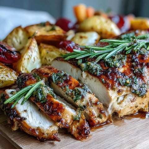 Grilled Herb Chicken with Roasted Root Vegetables served hot on a plate, with juicy sliced chicken beside golden-brown carrots and potatoes.