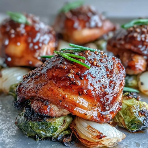 Golden-brown Sheet Pan Honey Mustard Chicken thighs sit alongside caramelized Brussels sprouts and red onion wedges, glistening with a sweet-tangy glaze on a parchment-lined pan.