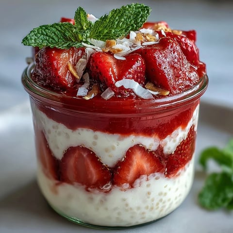 Freshly blended Strawberry Chia Seed Pudding layered in a jar with creamy coconut milk and topped with sliced fruit.