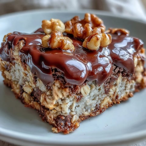 Golden-brown Chunky Monkey Protein Baked Oat Bars studded with chocolate chips and chopped walnuts.