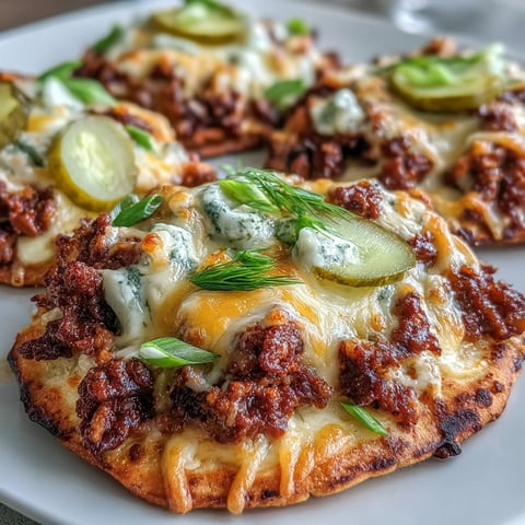 Golden-brown Cheeseburger Garlic Naan Pizzas fresh from the oven, featuring bubbling cheese sauce and fresh chives.