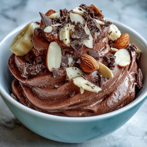 Vegan Chocolate Banana Nice Cream in a bowl, topped with almond butter swirl and sliced bananas for a creamy, dairy-free dessert.