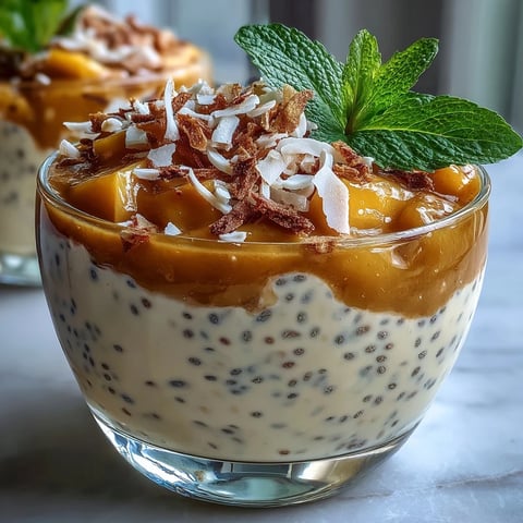 Creamy coconut chia pudding with vibrant mango purée in glass cups, garnished with shredded coconut and fresh mint.
