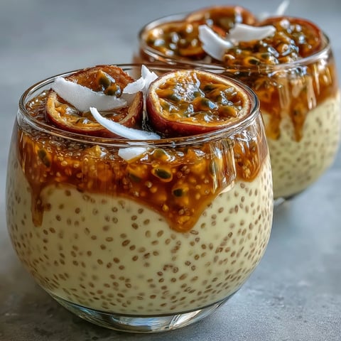 Creamy chia pudding with tangy passionfruit puree and fresh coconut, perfect for a refreshing vegan breakfast or light dessert.