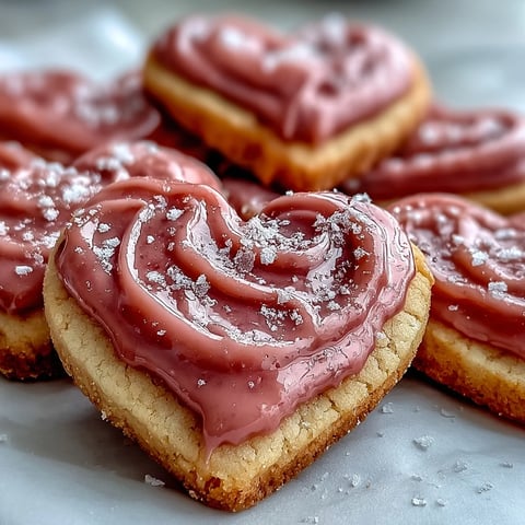 Heart-shaped sugar cookies decorated with vibrant pink strawberry icing, perfect for a sweet Valentine's Day treat.  