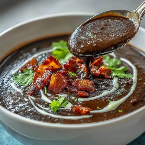 Creamy black bean soup with bacon and lime crema, topped with crispy bacon and fresh cilantro in a white bowl.