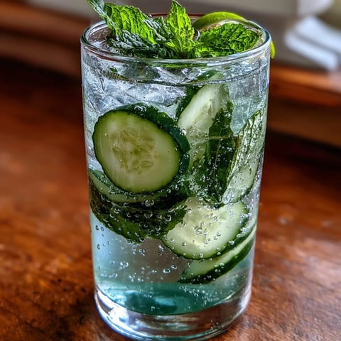 A refreshing glass of cucumber mint sparkling water with fresh cucumber slices and vibrant mint leaves.  