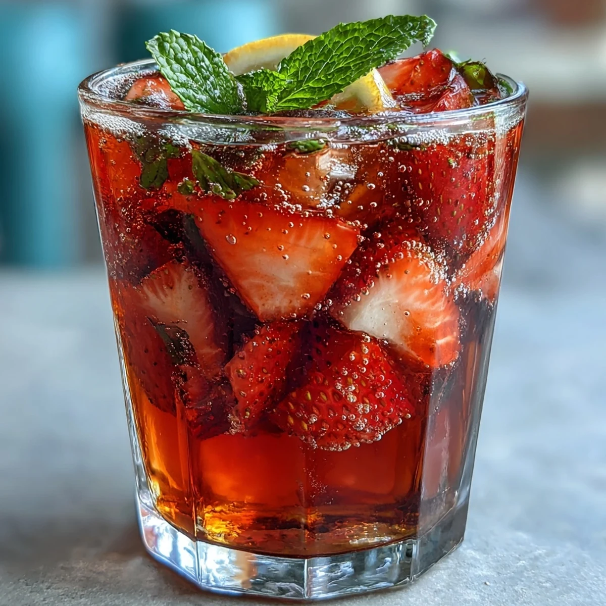 Vibrant sparkling strawberry mocktail with fresh strawberries, lemon, and mint garnish in a tall glass with ice.  