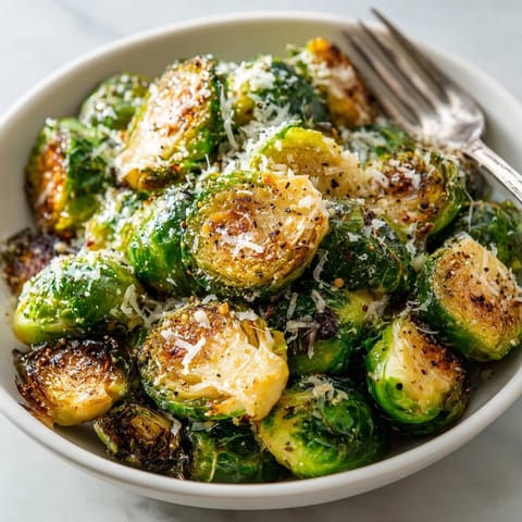 Oven-roasted Crispy Parmesan Brussels Sprouts recipe; caramelized edges, nutty, cheesy, irresistible side.