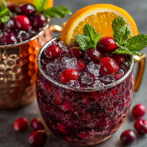 Festive Cranberry Orange Moscow Mule Mocktail: Cold ginger beer, vibrant fruit, and fresh mint.