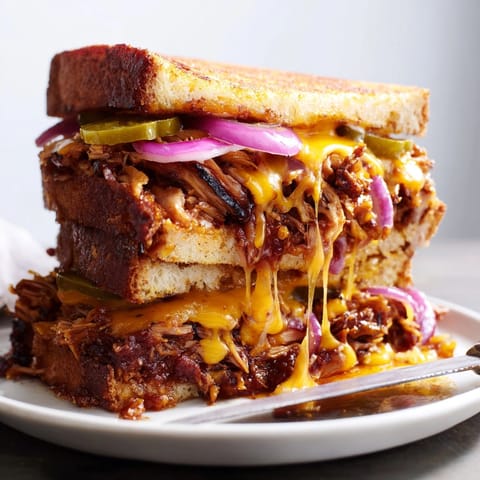 Golden brown BBQ Pulled Pork Grilled Cheese with cheddar, ready to slice and enjoy.