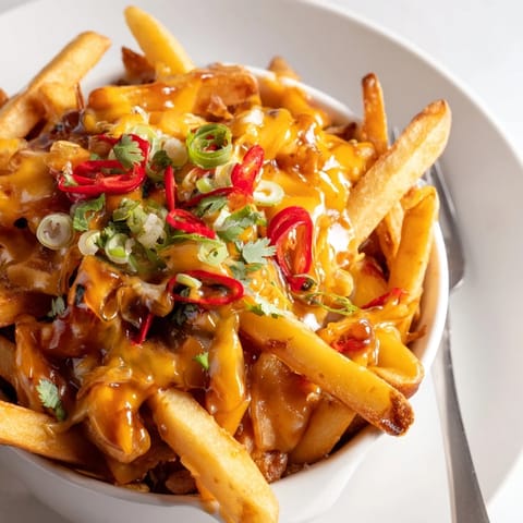 Crispy fries drenched in spicy-sweet honey Sriracha sauce and vibrant toppings.  