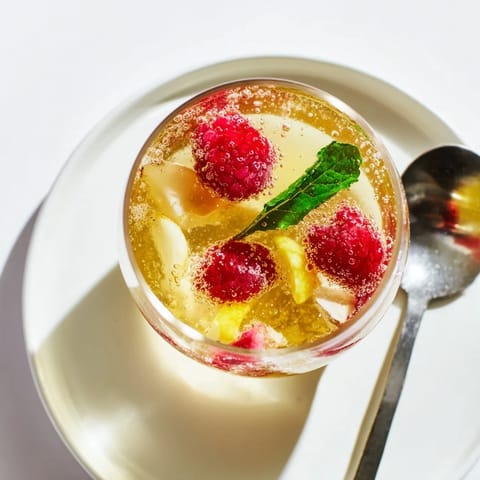 A vibrant display of fermented drinks with fresh berries and mint, kombucha-style mocktails.  