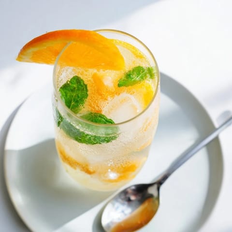 Homemade probiotic soda mocktail served in a glass filled with ice and fresh herbs.  