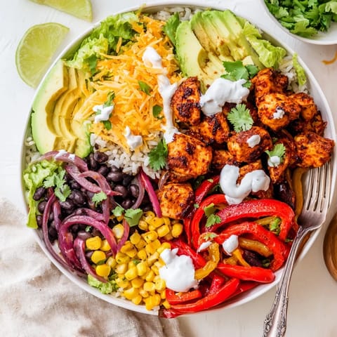 Juicy spiced chicken and roasted veggies make perfect Sheet Pan Chicken Burrito Bowls.  