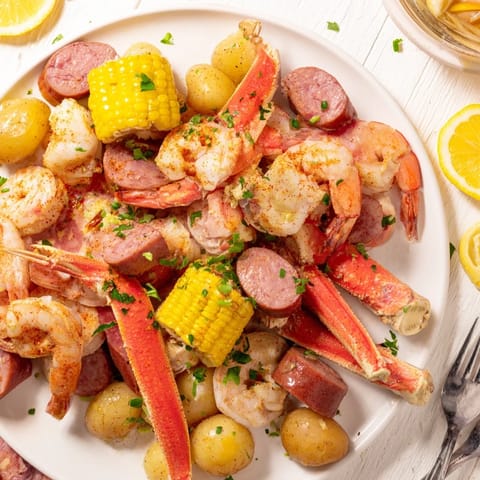 Flavorful Seafood Boil featuring juicy crab and spicy sausage, perfect for gatherings.  