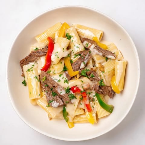 A steaming bowl of Philly Cheese Steak Pasta, garnished with fresh parsley and smelling delicious.