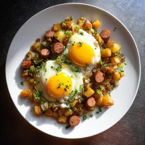 A close-up of a sizzling skillet of Egg & Potato Hash, with perfectly cooked eggs and crispy potatoes.